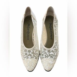 Vintage Yves Saint Laurent Lace Pumps Bridal Wedding Heels Ivory Nude SZ 7